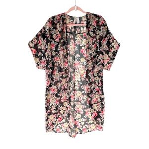 JAPNA WOMENS SHEAR BLACK PINK FLORAL OPEN FRONT SHORT SLEEVE KIMONO SIZE LARGE